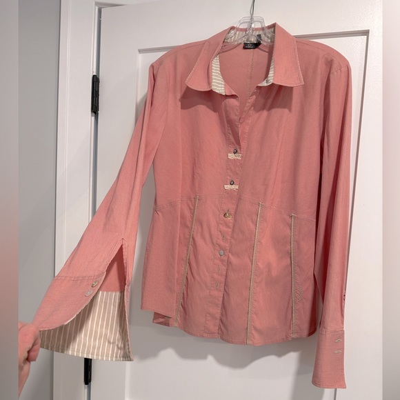Dismero Long Sleeve Button Down in Pink with Tan/white Cuffs and Tan Accents. XL - Picture 1 of 8